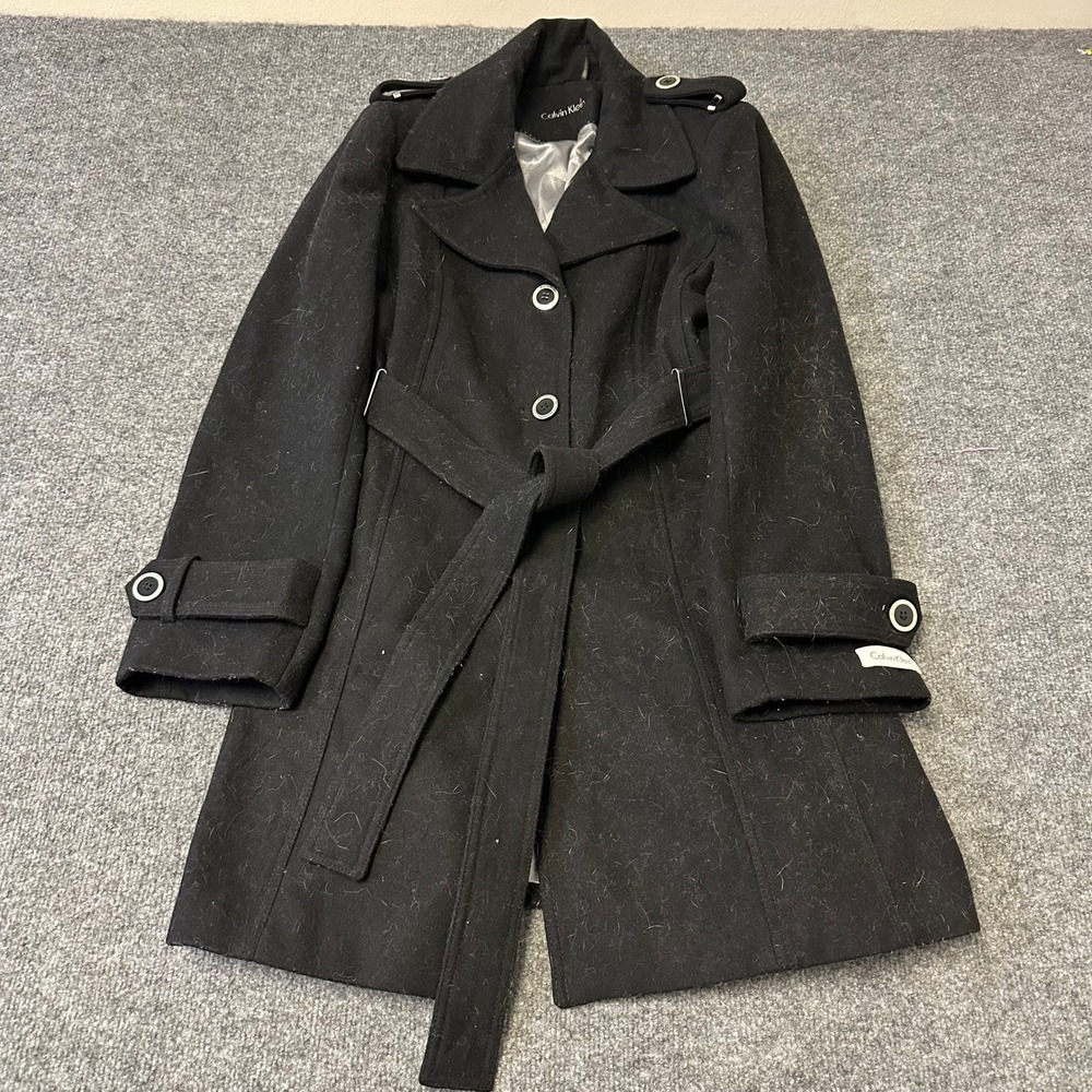 Calvin Klein Coat Womens Size L Black Wool Blend Belted Trench Pea Coat Jacket